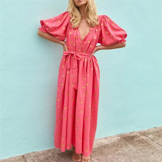 Eloise | Maxi-Tunika-Kleid mit Puffärmeln und Herzmotiven