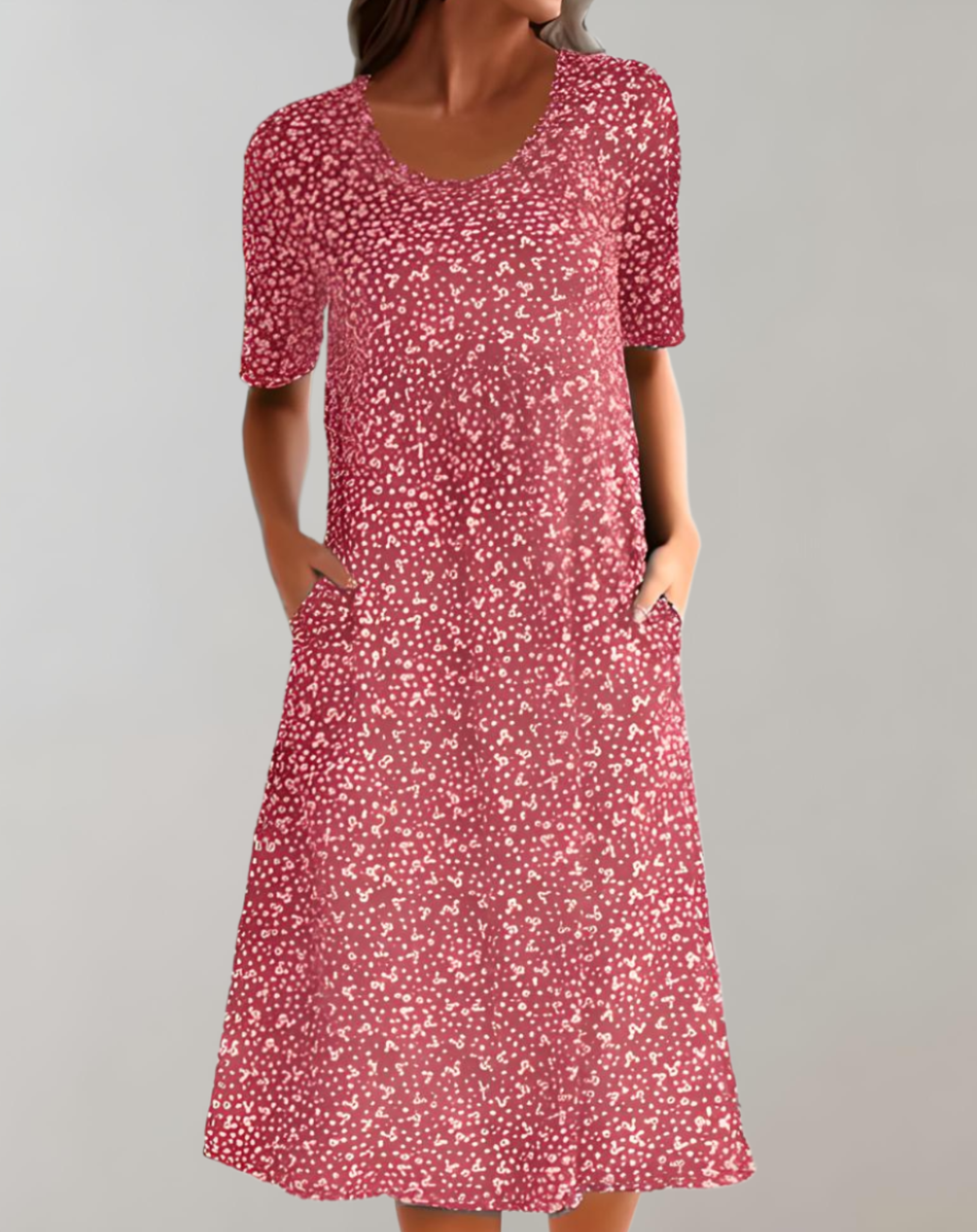 Gemma | Sommerliches Midikleid mit 2 Farben, Blumenmuster, Rundhalsausschnitt und Taschen