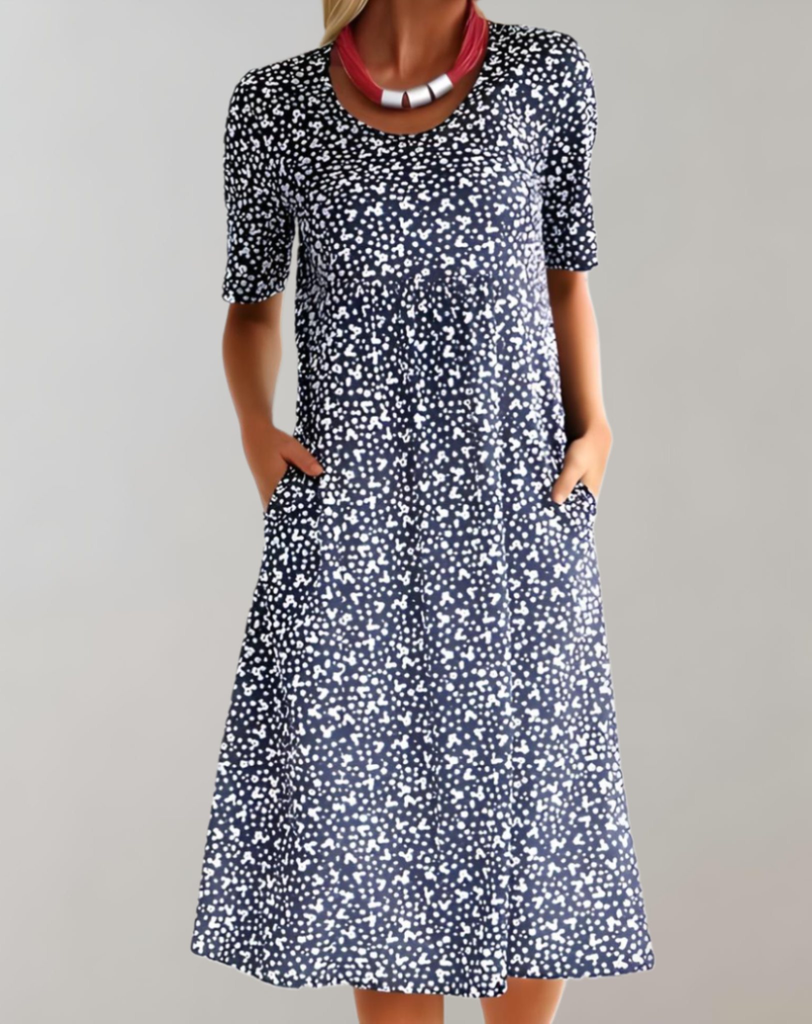 Gemma | Sommerliches Midikleid mit 2 Farben, Blumenmuster, Rundhalsausschnitt und Taschen
