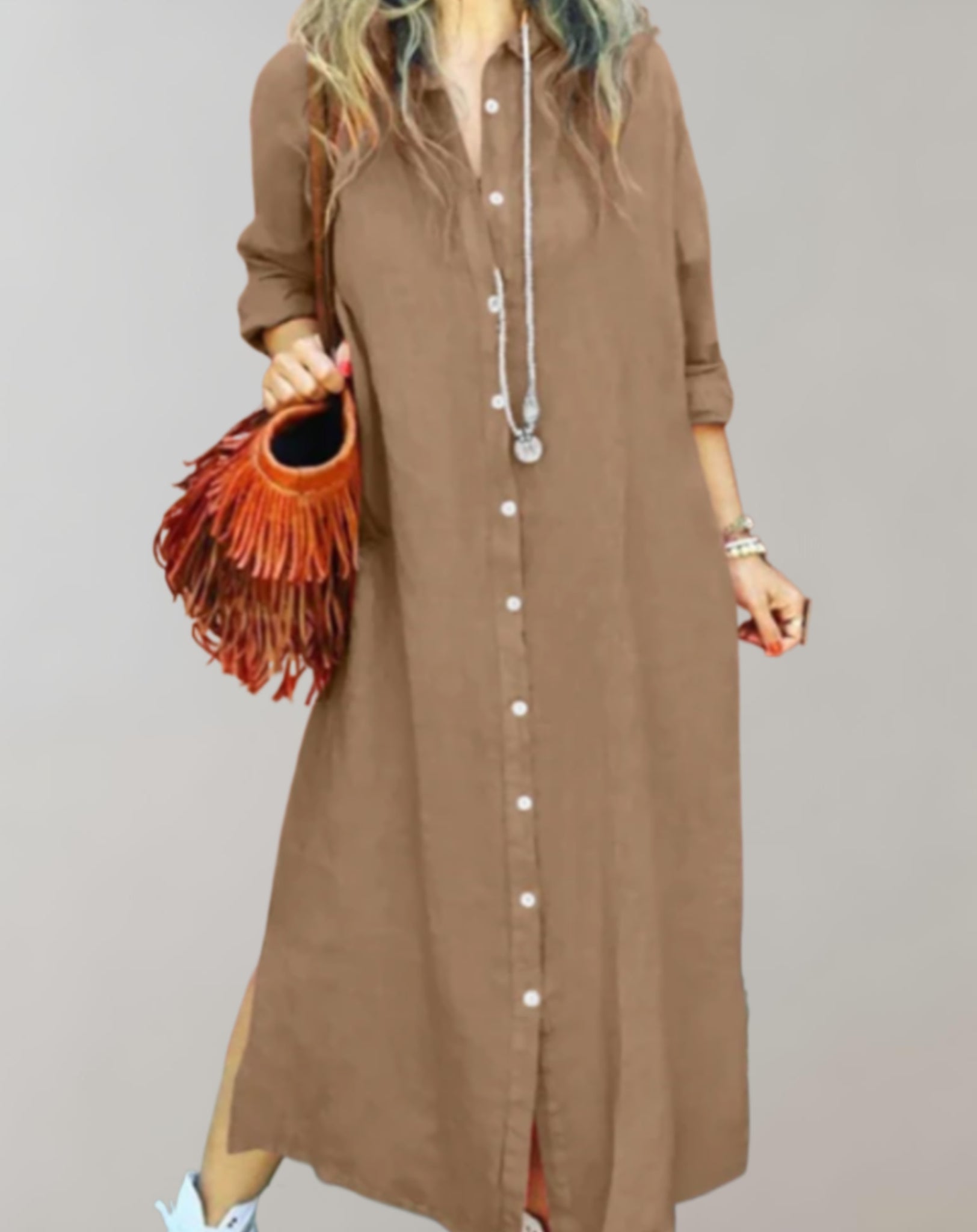 Mia | übergroßes Kleid mit Schlitz, Umlegekragen, 3/4 Ärmeln und Knopfverschluss