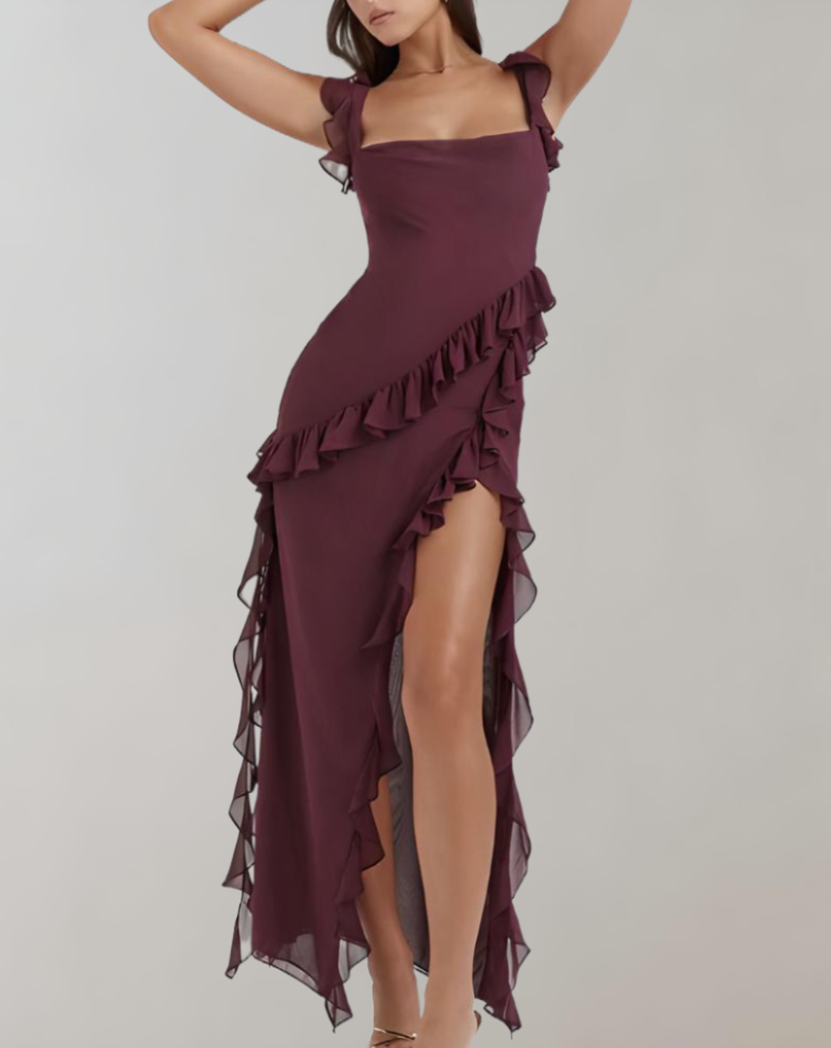 Mia | Elegantes Maxikleid mit Rüschenbesatz, halb rückenfrei, Spaghettiträger und Schlitzdetail