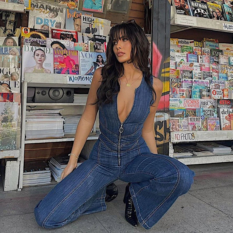 Channy | Bodycon-Jumpsuit aus Denim mit offenem Rücken