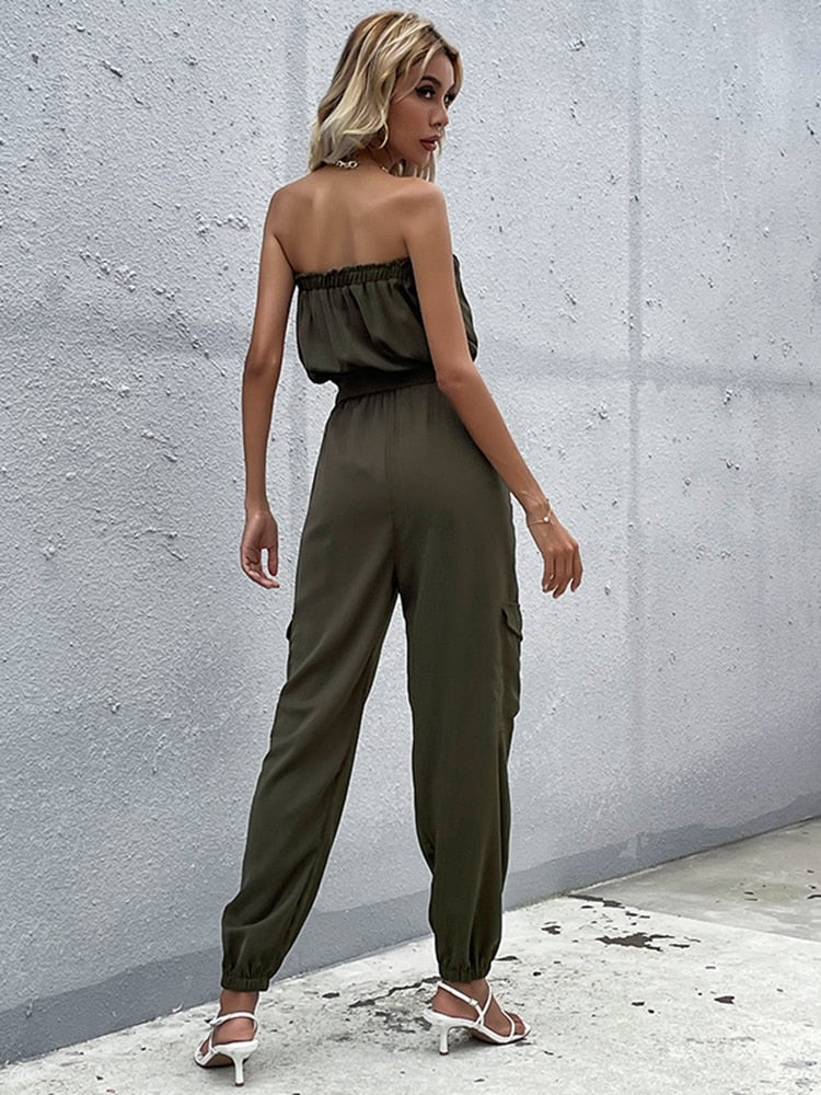 Dunkelgrüner Strapless Cargo Jumpsuit