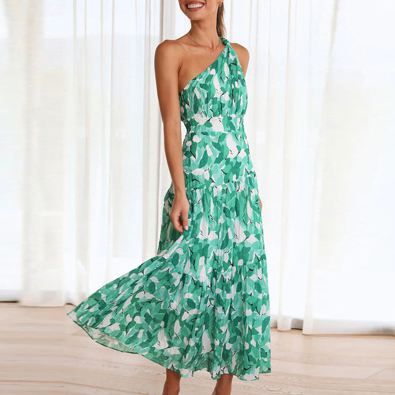 Midi One Shoulder Kleid mit grünem Print
