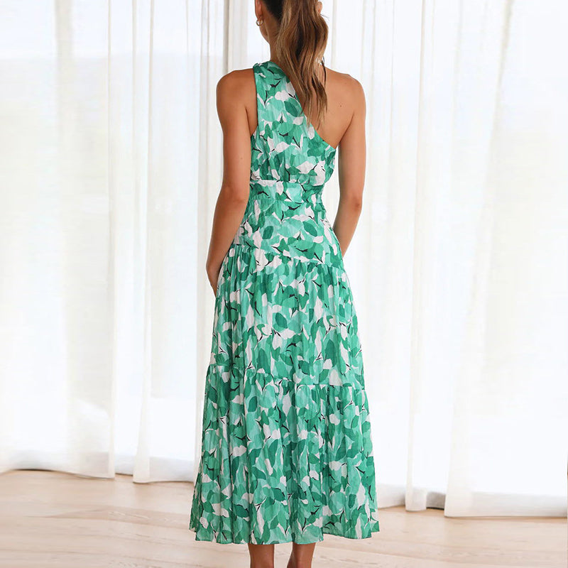 Midi One Shoulder Kleid mit grünem Print