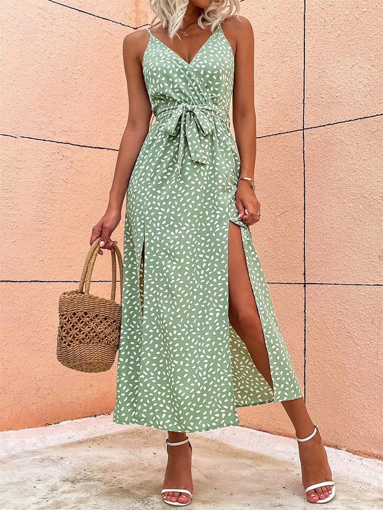 Hellgrünes Ibiza Boho Kleid mit V-Ausschnitt und Tupfen