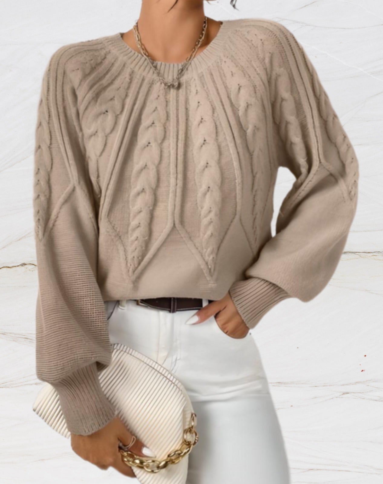 Elisabeth | Eleganter Pullover mit Rundhalsausschnitt und Pfeilstrick in beige