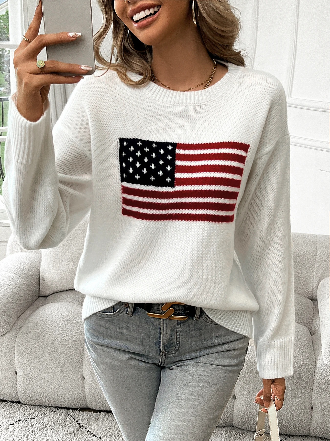 Rylee - Lässiger Herbst Weißer  Strickpullover mit Amerikanischem Flaggendruck für Damen