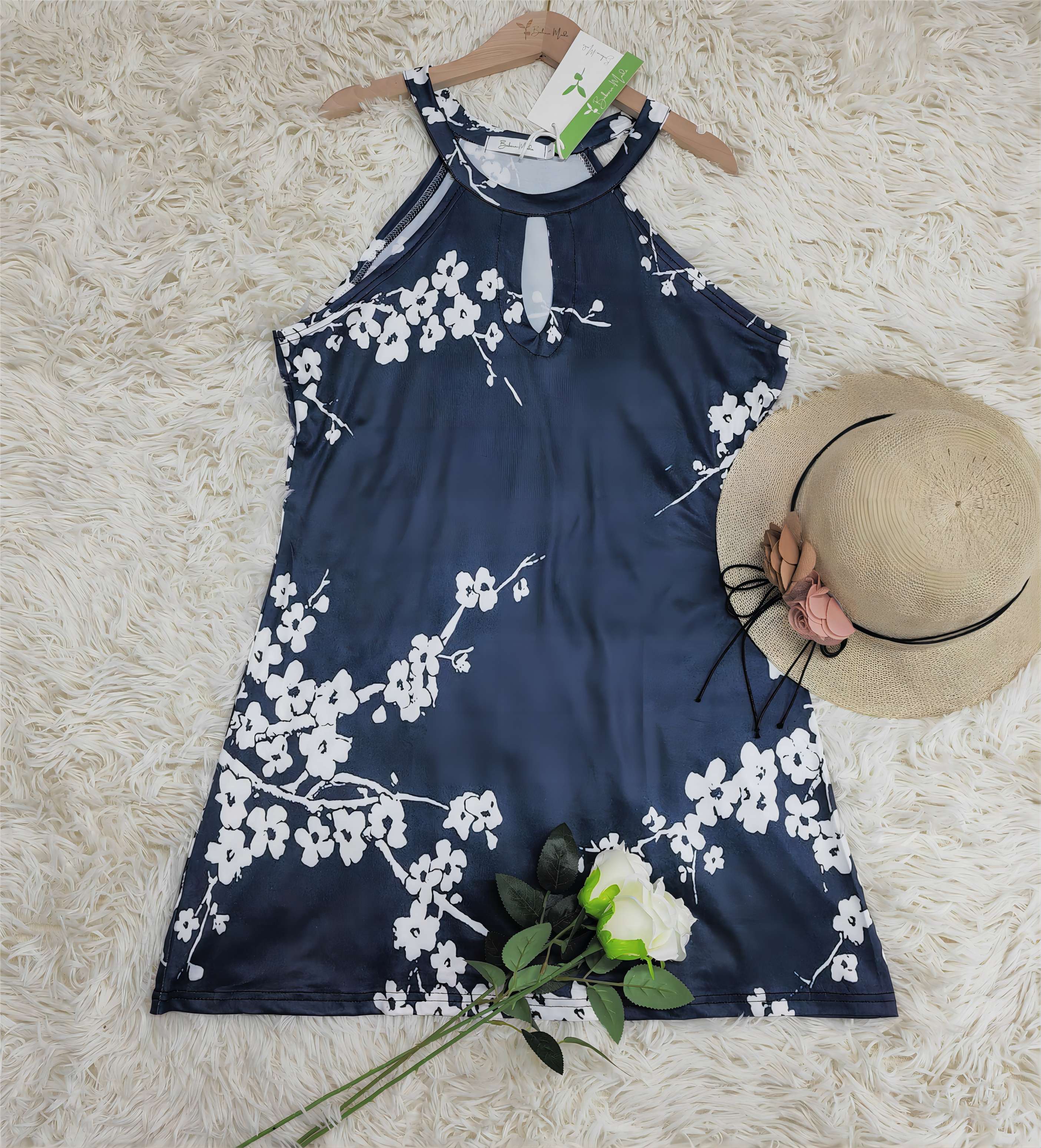 PureWear - Weißes Cherry Blossom Navy Schlüssellochhalter-Minikleid