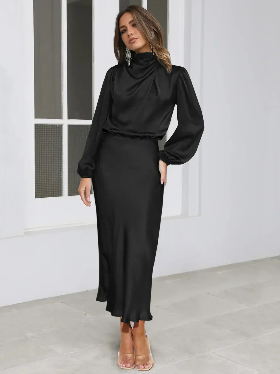 Taliyah | Langärmeliges Vintage-Satin-Kleid