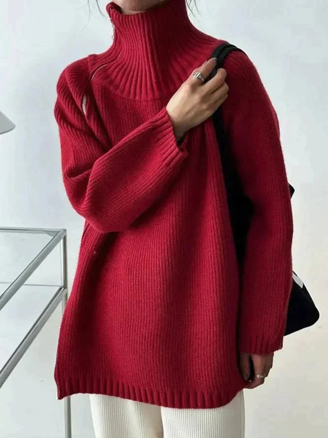 Sara - Klassischer Herbst Roter Einfarbiger Rollkragenpullover für Damen