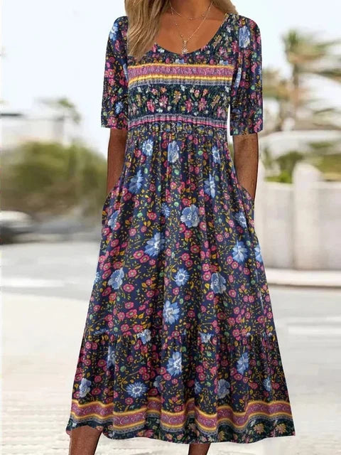 Nele - Bohemian Print Kleid mit Rundhalsausschnitt