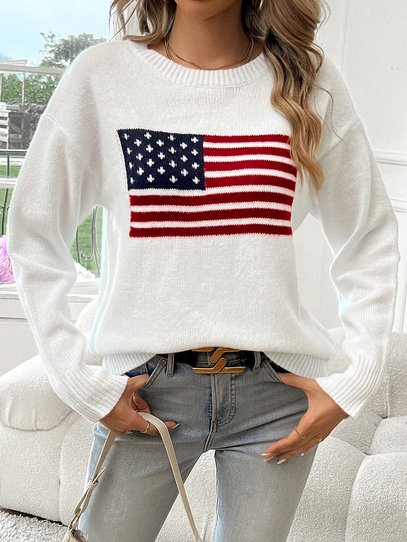 Rylee - Lässiger Herbst Weißer  Strickpullover mit Amerikanischem Flaggendruck für Damen