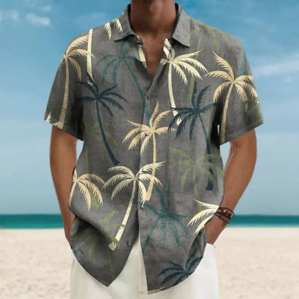 Kurzärmeliges Herrenhemd im Strandstil mit Kokosnusspalmen-Print