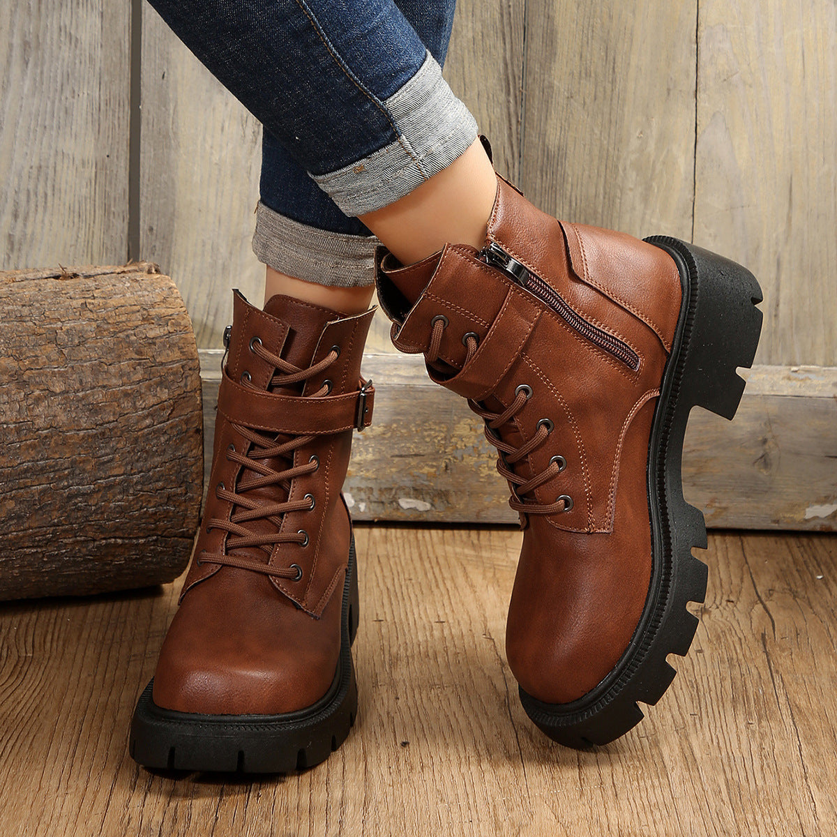 Olivia - Schicke Herbst-Mid-Calf Combat Boots mit dickem Absatz für Damen