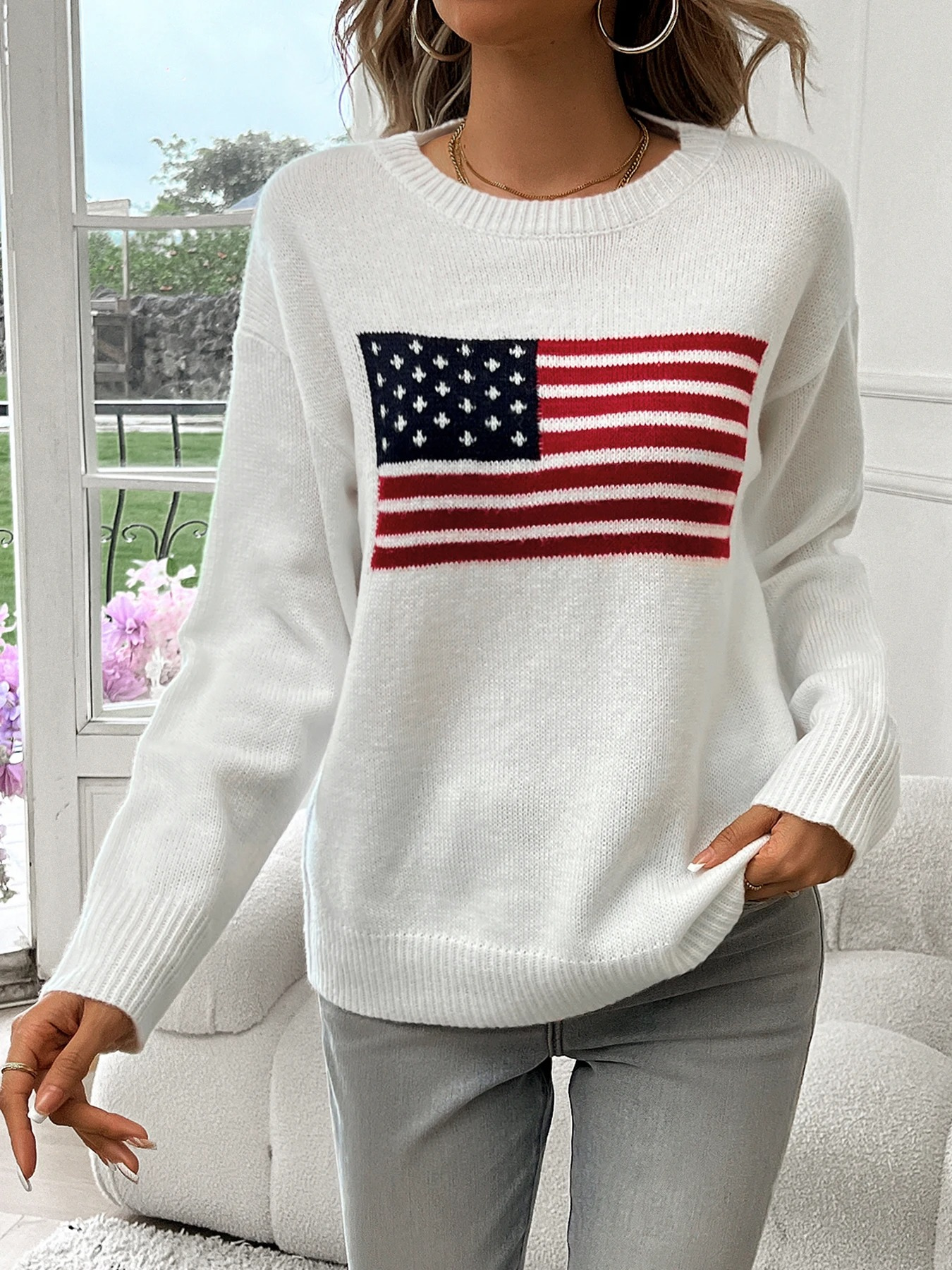 Rylee - Lässiger Herbst Weißer  Strickpullover mit Amerikanischem Flaggendruck für Damen