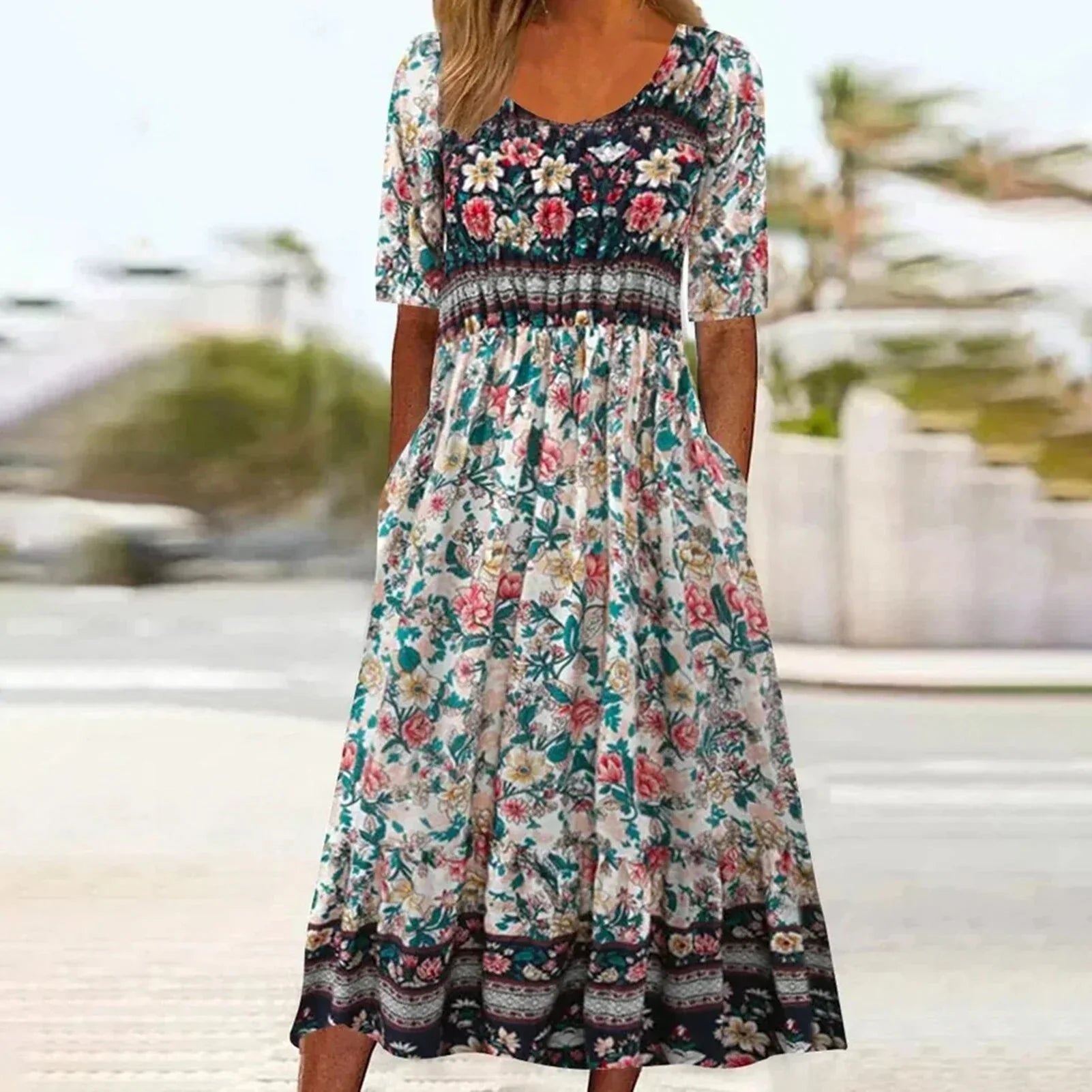 Nele - Bohemian Print Kleid mit Rundhalsausschnitt