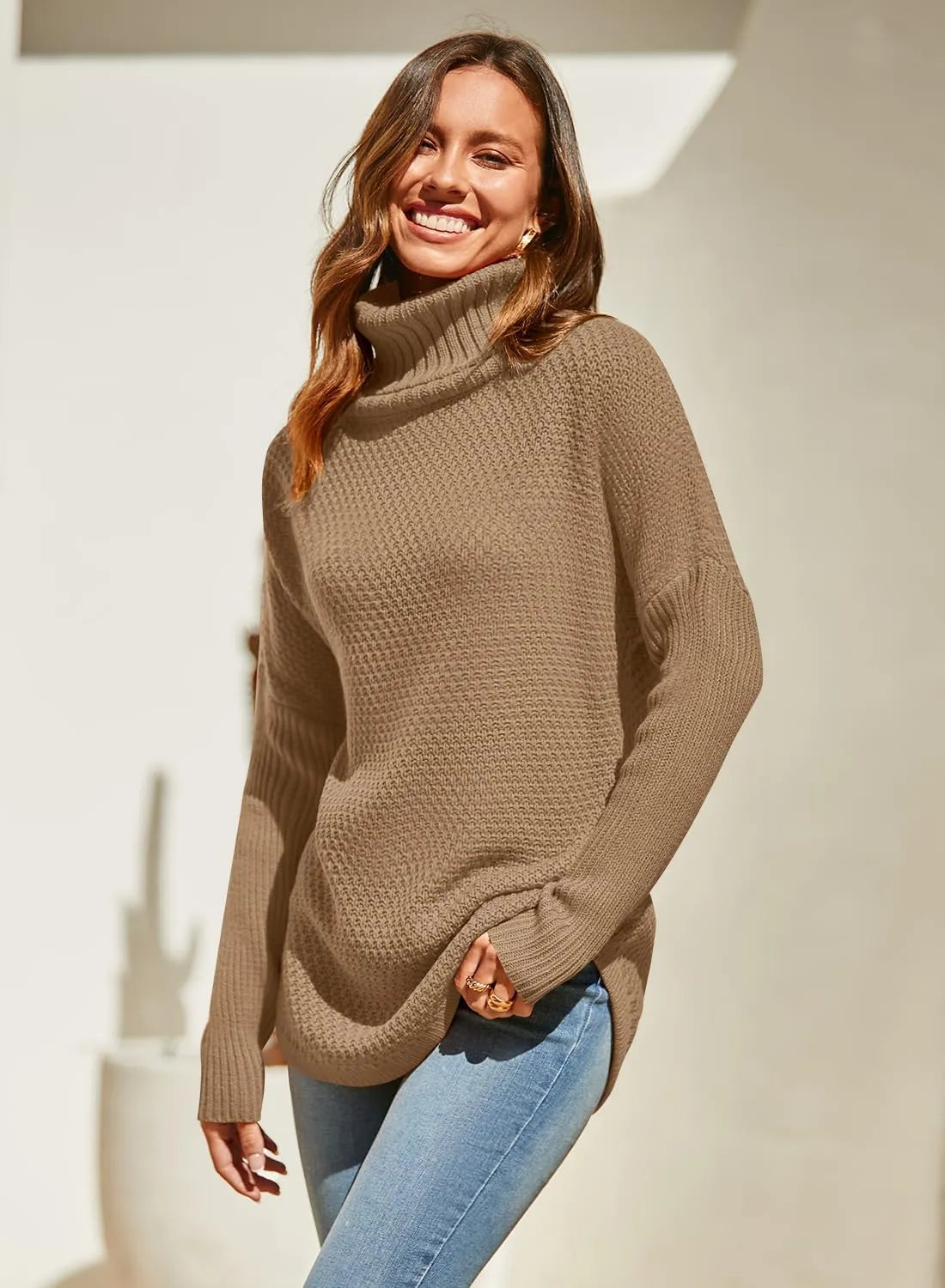 Frauen Plus Größe Rollkragen Langarm lässig Pullover gestrickt Tunika Pullover