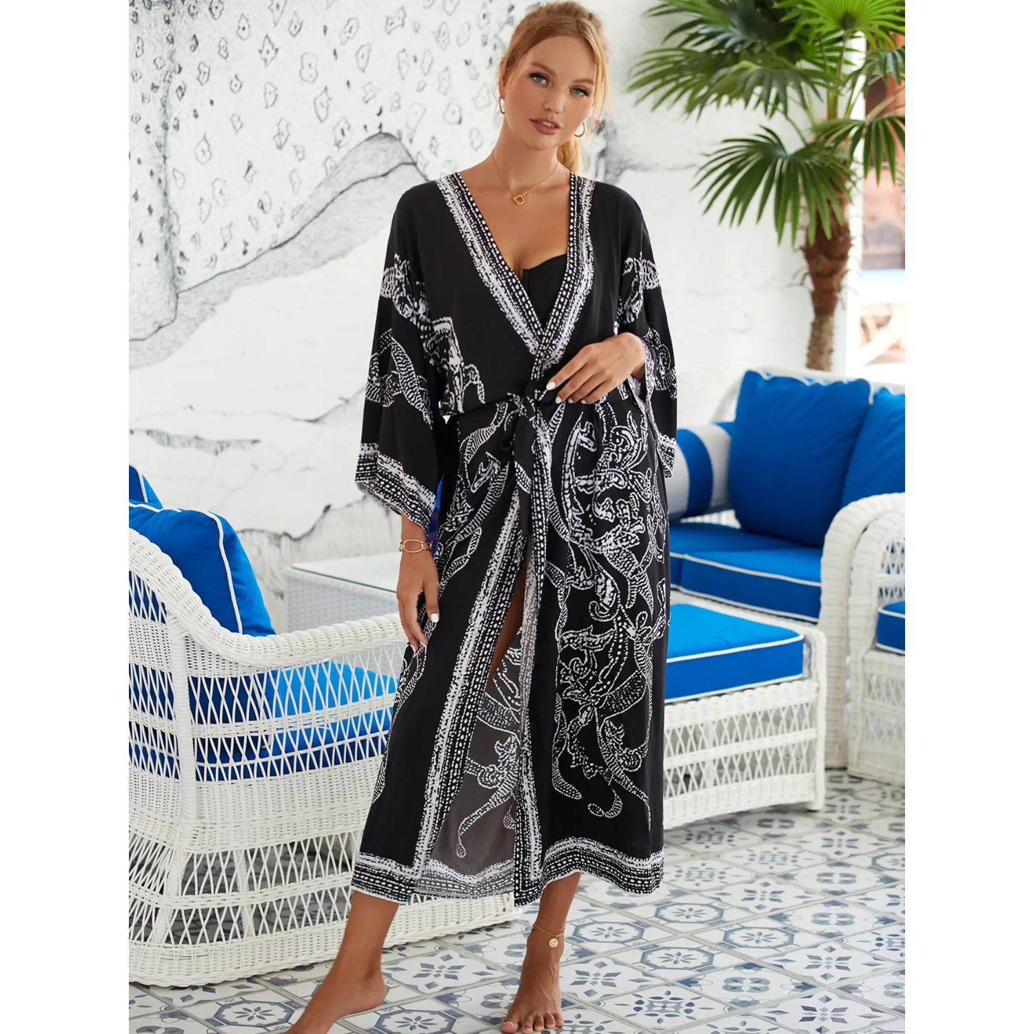 Jacky | Schwarz bedrucktes leichtes Fleece-Strandkleid