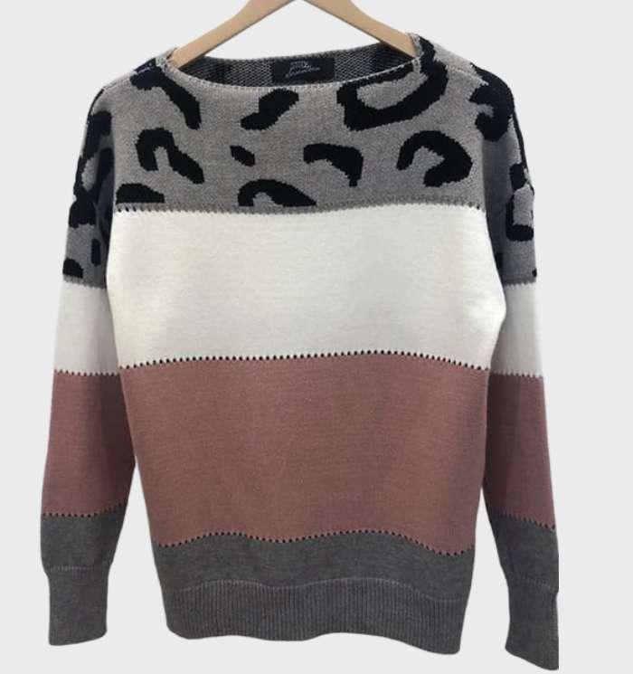 Ashley | Lässiger Pullover mit Leopardenmuster, Rundhalsausschnitt und kontrastierender Farbe