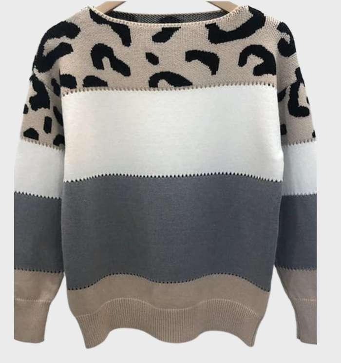 Ashley | Lässiger Pullover mit Leopardenmuster, Rundhalsausschnitt und kontrastierender Farbe