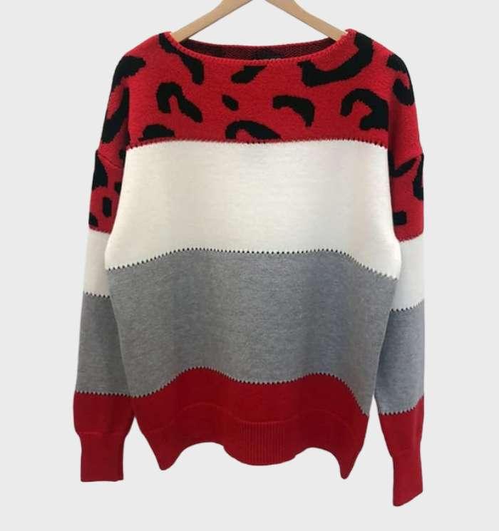 Ashley | Lässiger Pullover mit Leopardenmuster, Rundhalsausschnitt und kontrastierender Farbe