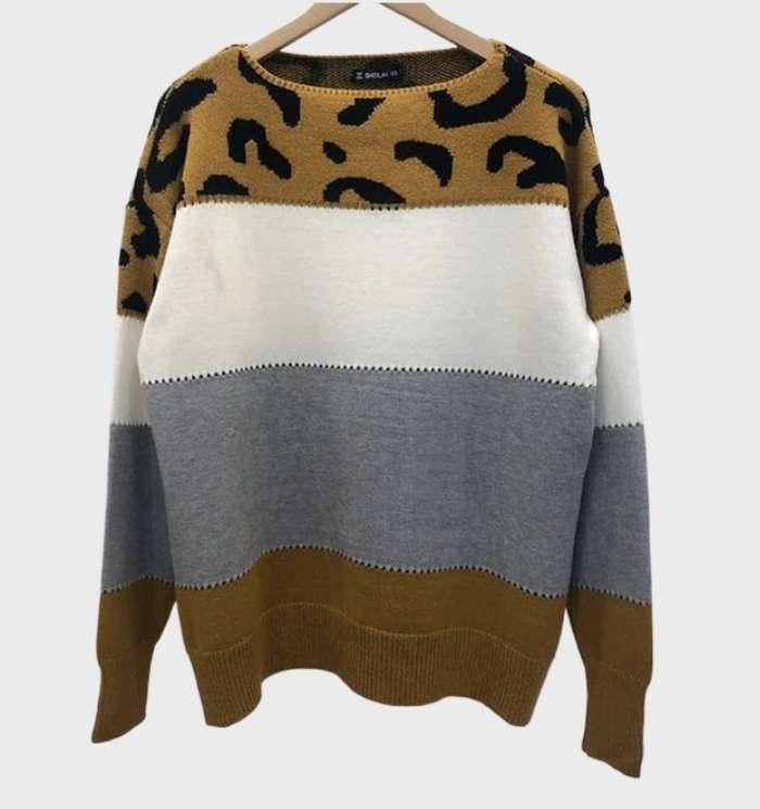 Ashley | Lässiger Pullover mit Leopardenmuster, Rundhalsausschnitt und kontrastierender Farbe