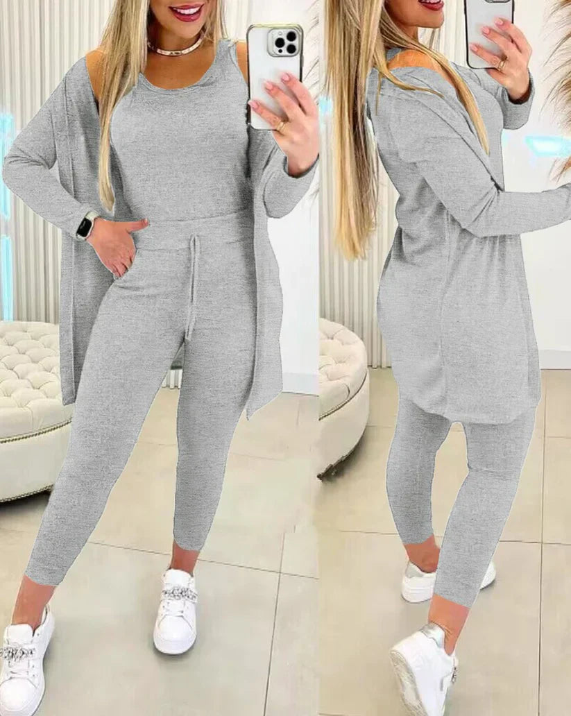 Jella – 3-teiliges set mit rundhals-top, hose und strickjacke