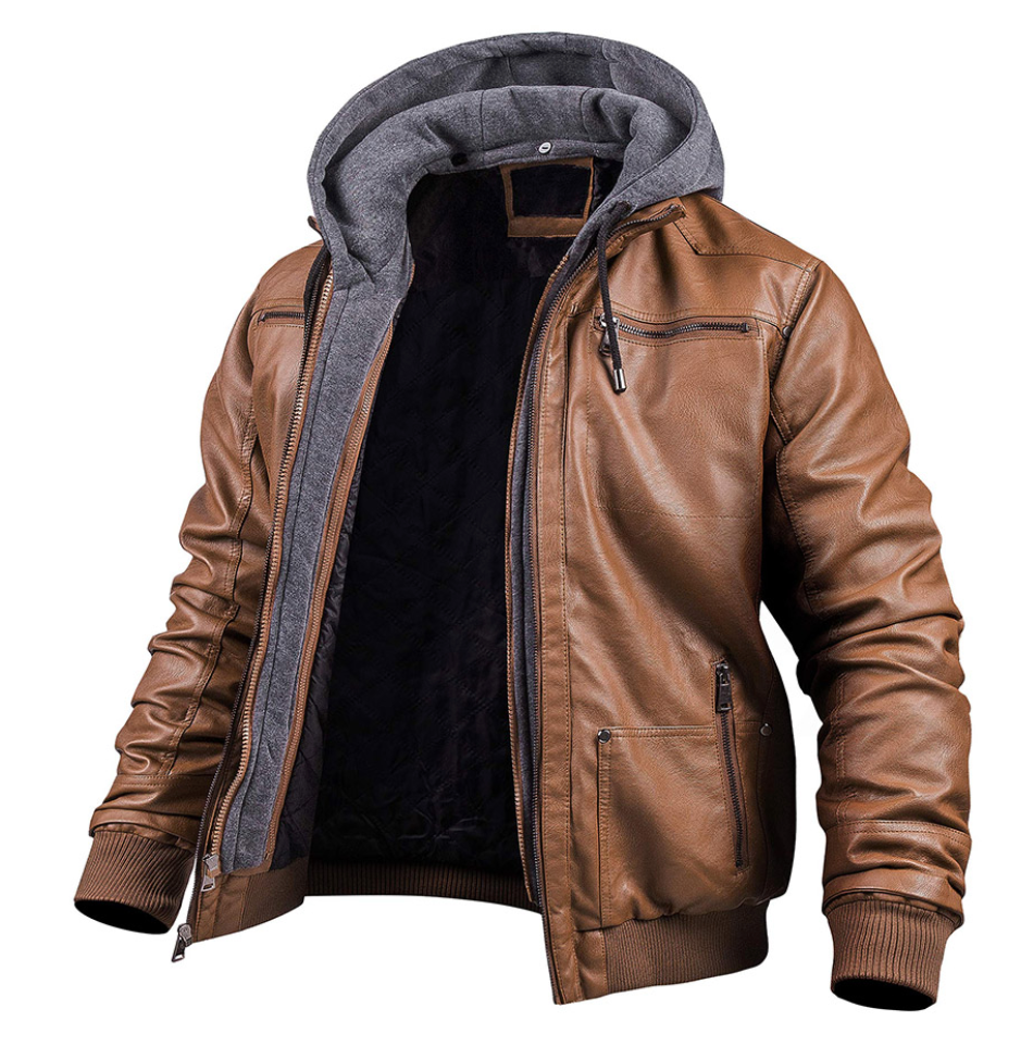 Warme Lederjacke mit Kapuze für Herren