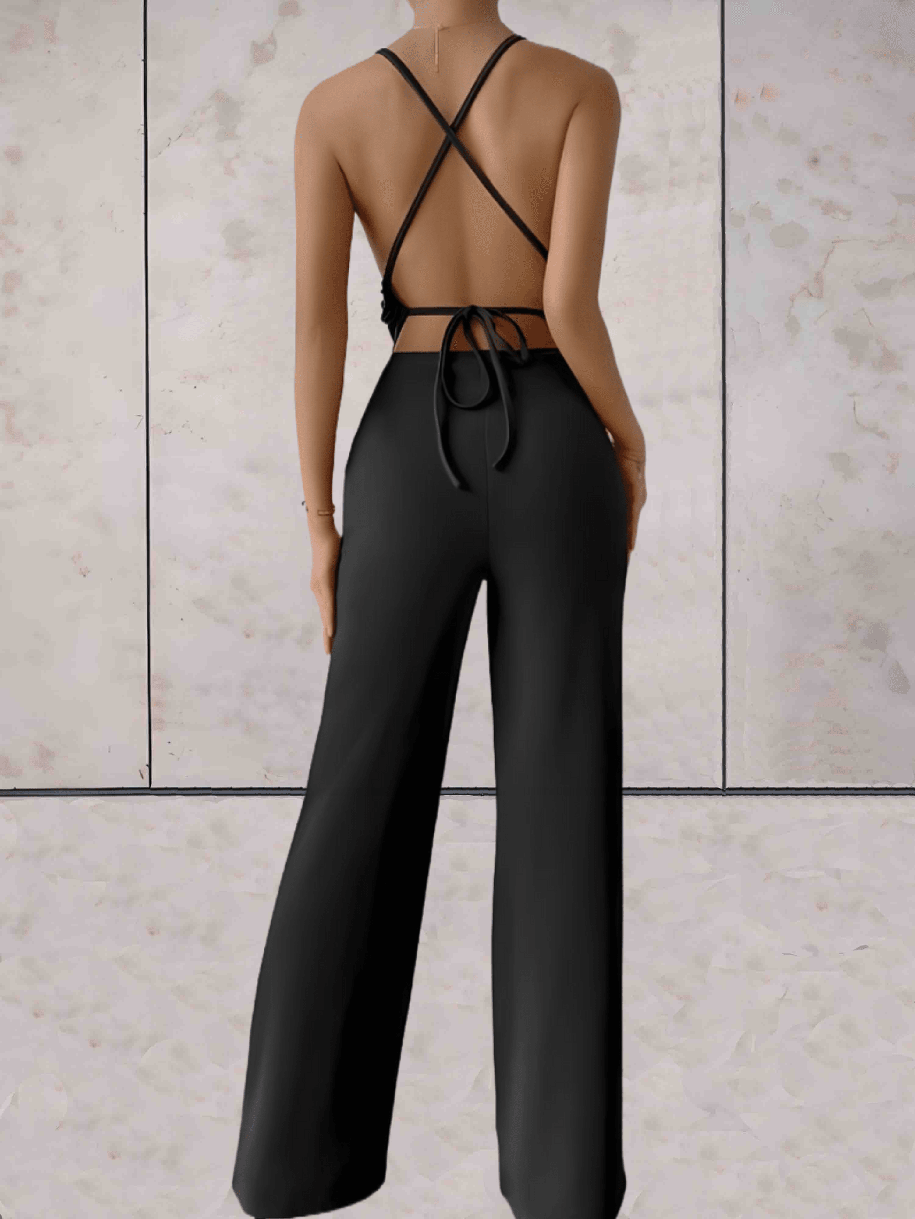 Brianna | Schicker Jumpsuit mit tiefem V-Ausschnitt, ärmellos, rückenfrei und weitem Bein