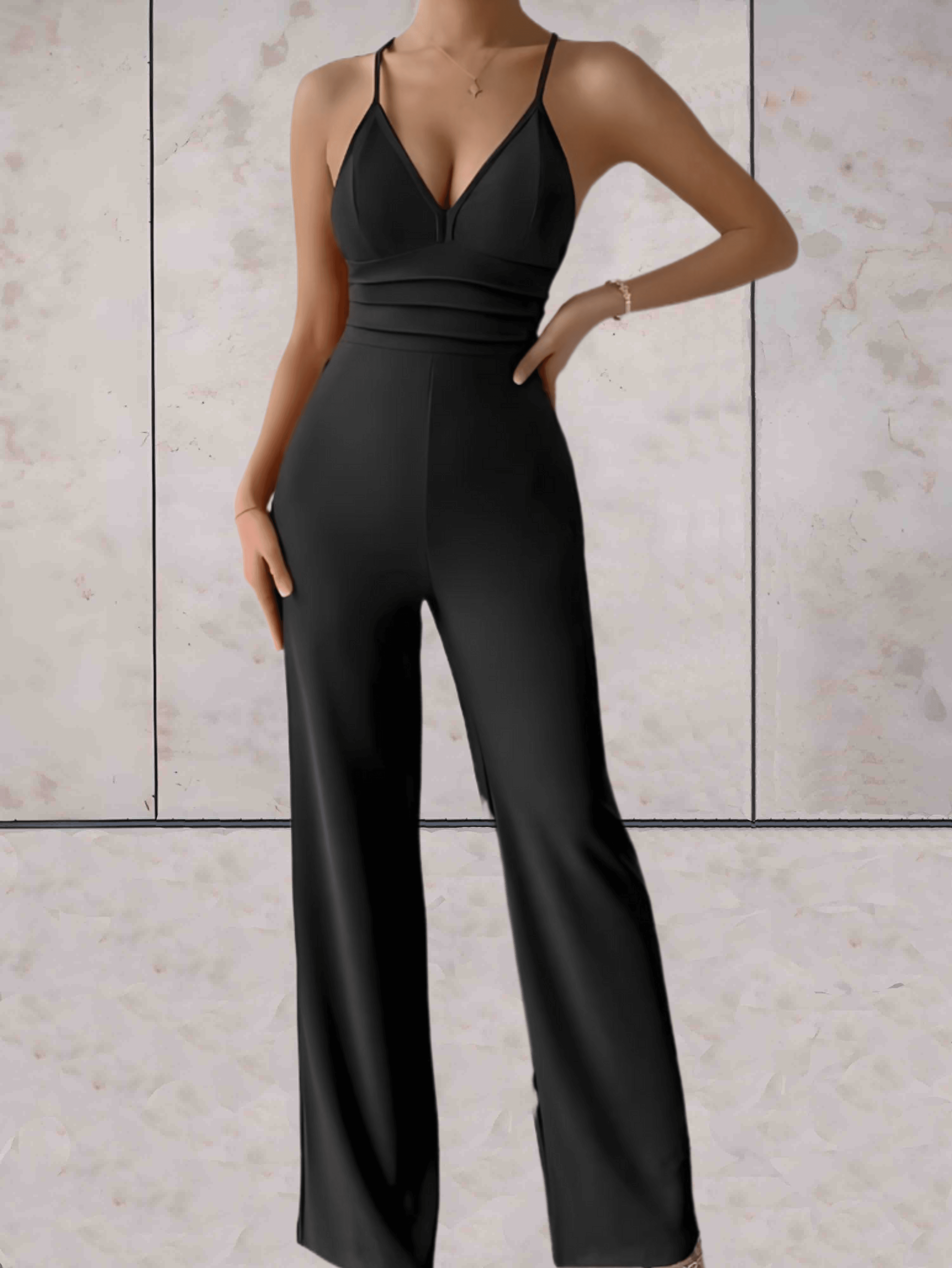 Brianna | Schicker Jumpsuit mit tiefem V-Ausschnitt, ärmellos, rückenfrei und weitem Bein