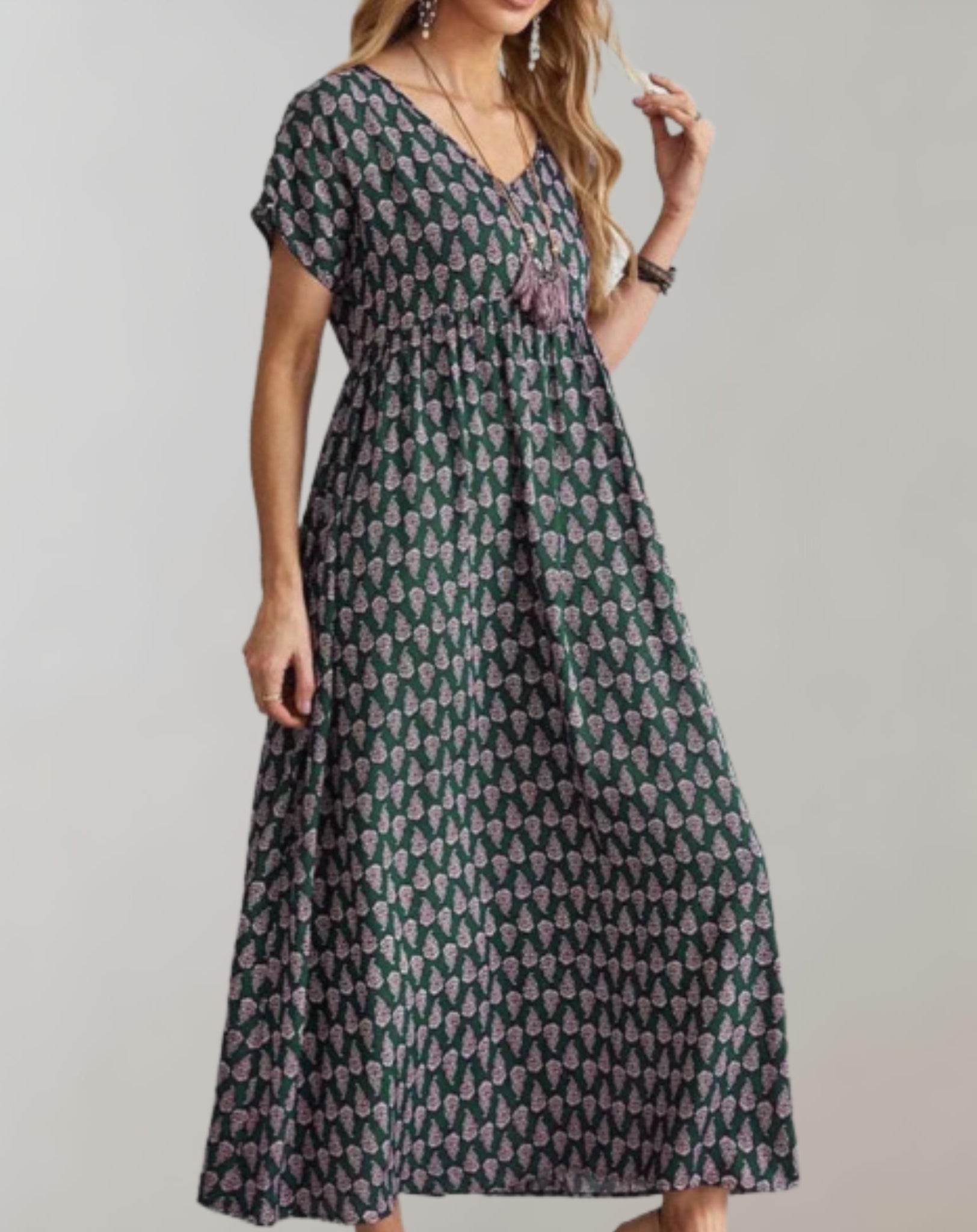 Fiona | Lockeres und kurzärmeliges langes Kleid im Vintage-Stil mit V-Ausschnitt