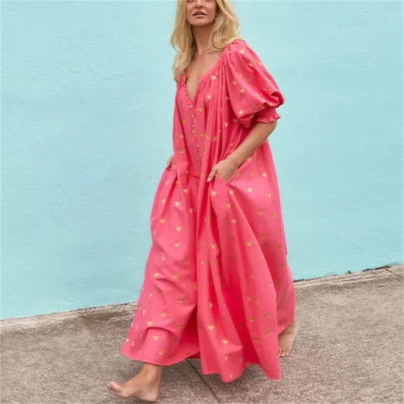 Eloise | Maxi-Tunika-Kleid mit Puffärmeln und Herzmotiven