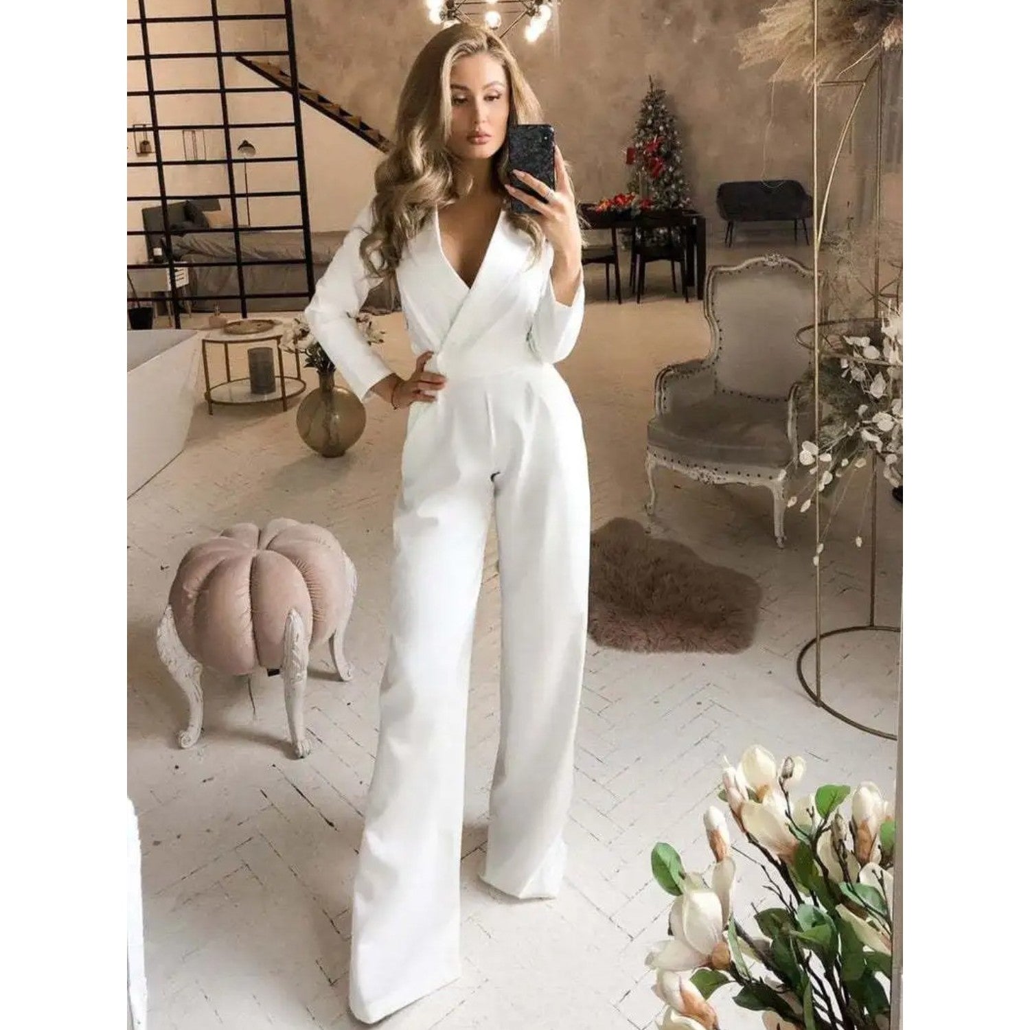 Ezra | Eleganter langärmeliger Jumpsuit mit V-Ausschnitt