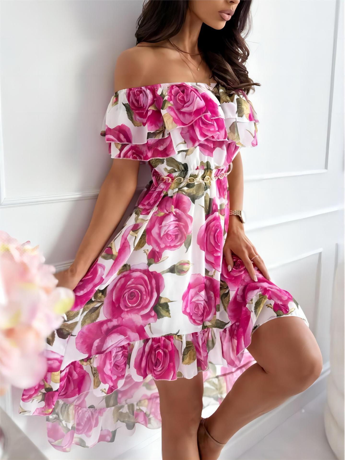 Off-Shoulder Kleid mit rosa Rosen