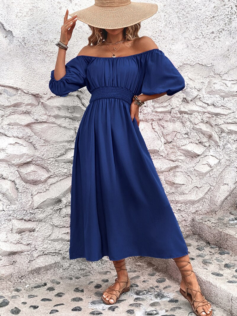 Dunkelblaues Off-Shoulder Midikleid