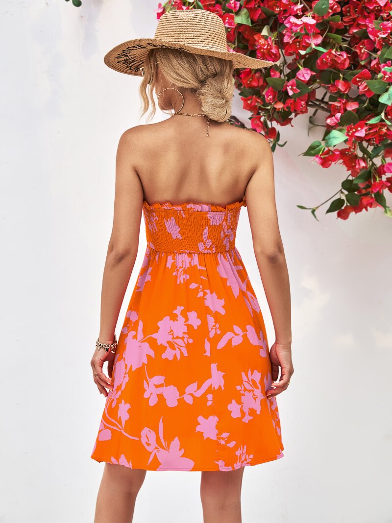 Orangefarbenes Strapless Sommerkleid