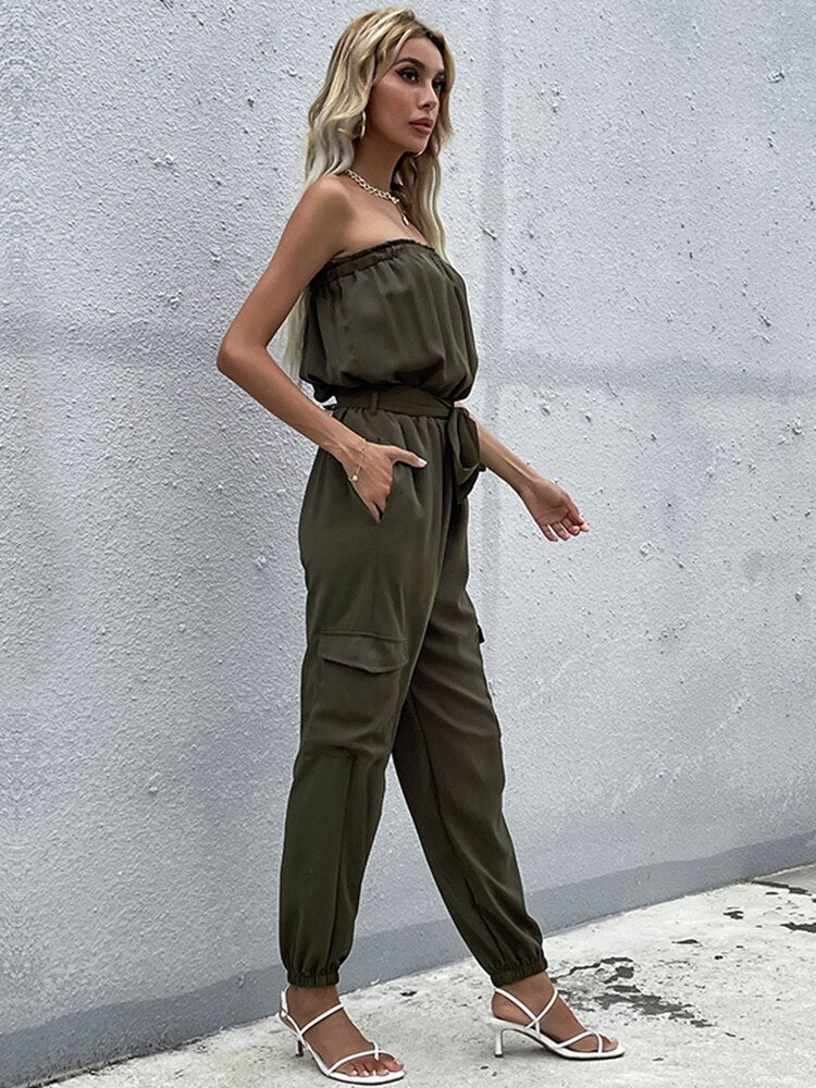 Dunkelgrüner Strapless Cargo Jumpsuit