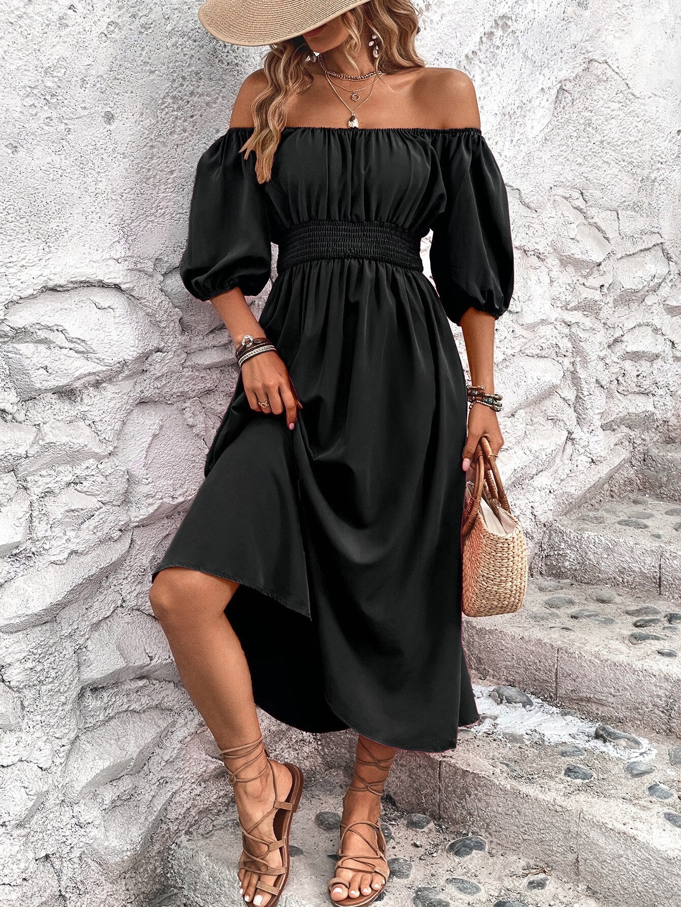 Schwarzes Off-Shoulder Midikleid