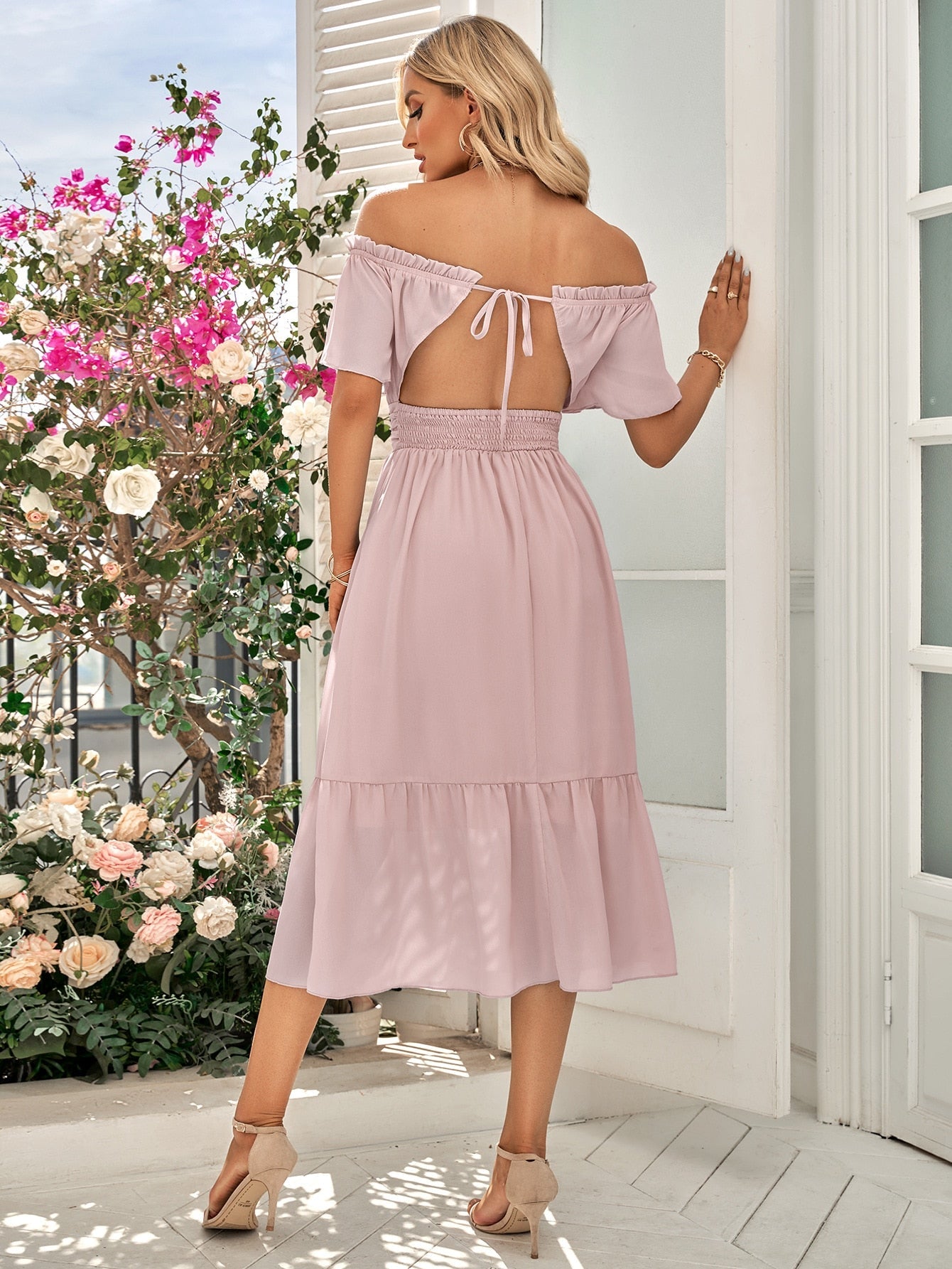 Rosa Off-Shoulder Midikleid