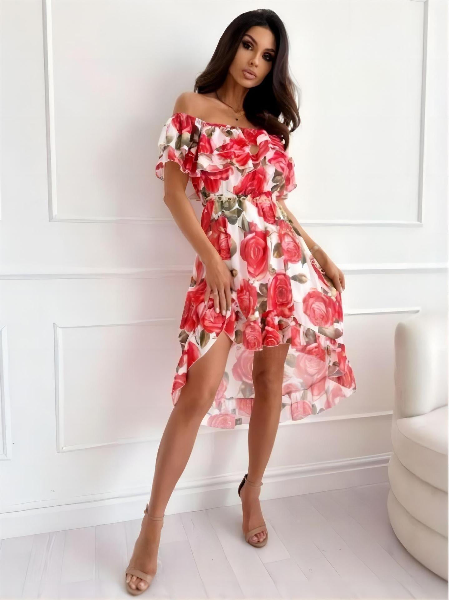 Off-Shoulder Kleid mit roten Rosen