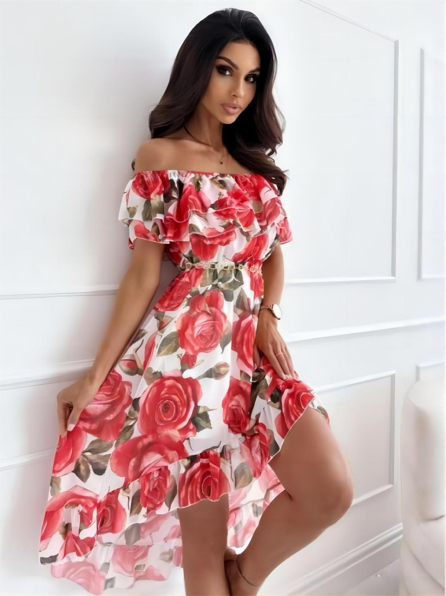 Off-Shoulder Kleid mit roten Rosen