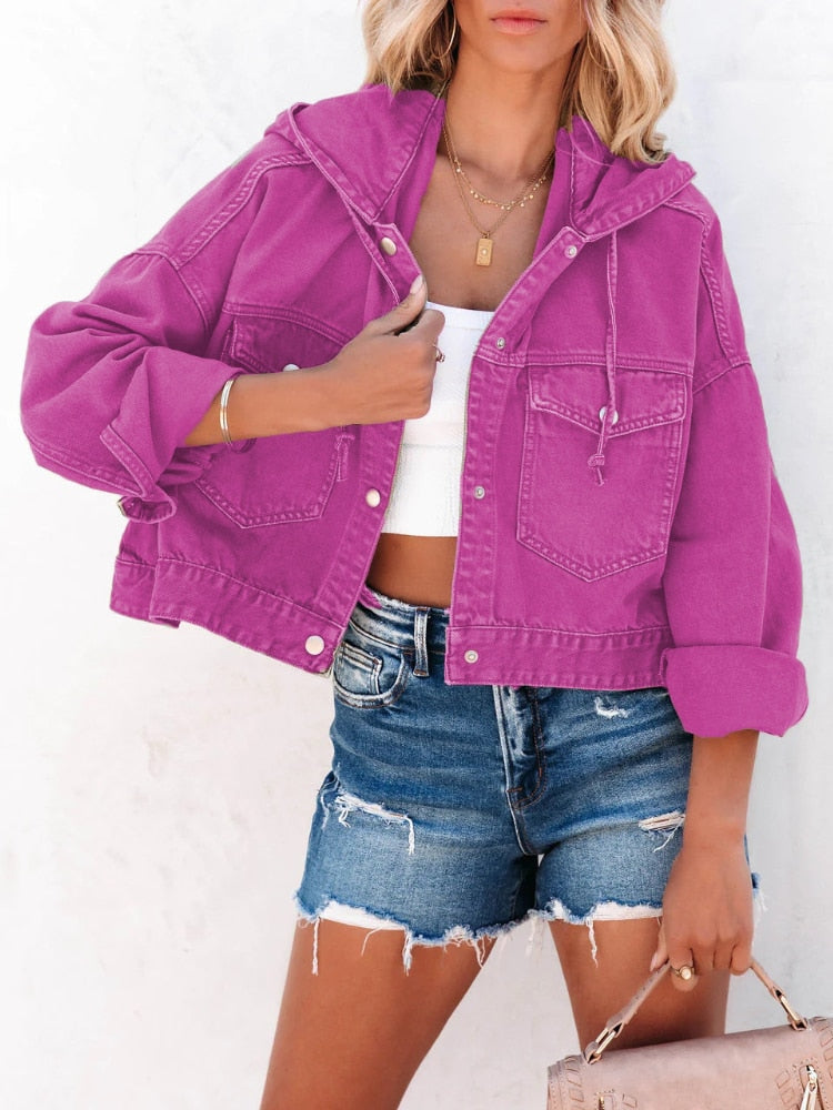 Lila Cropped Denim Jacke