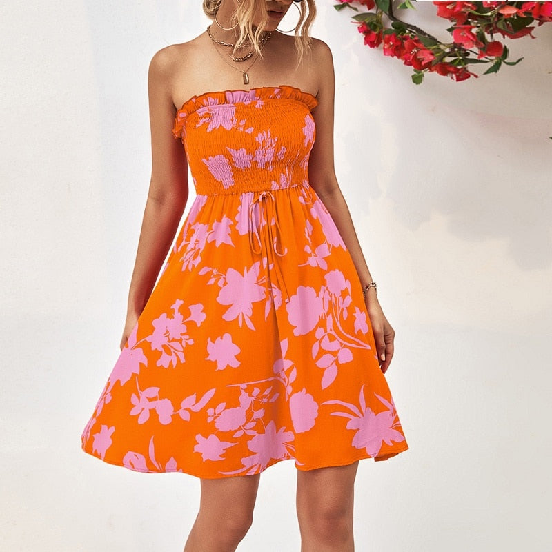 Orangefarbenes Strapless Sommerkleid