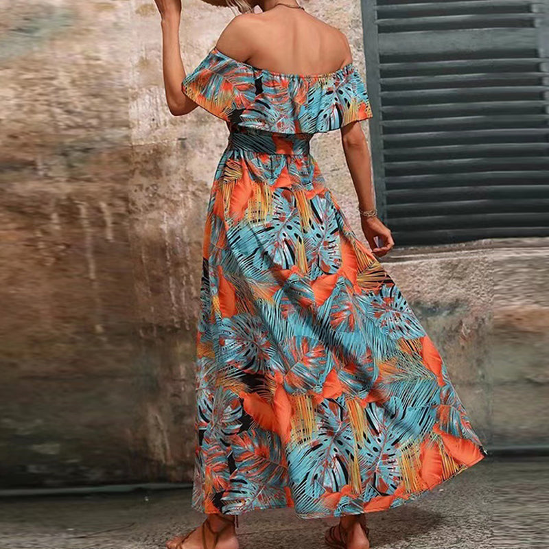 Orange/blaues Off-Shoulder Kleid mit Rüsche