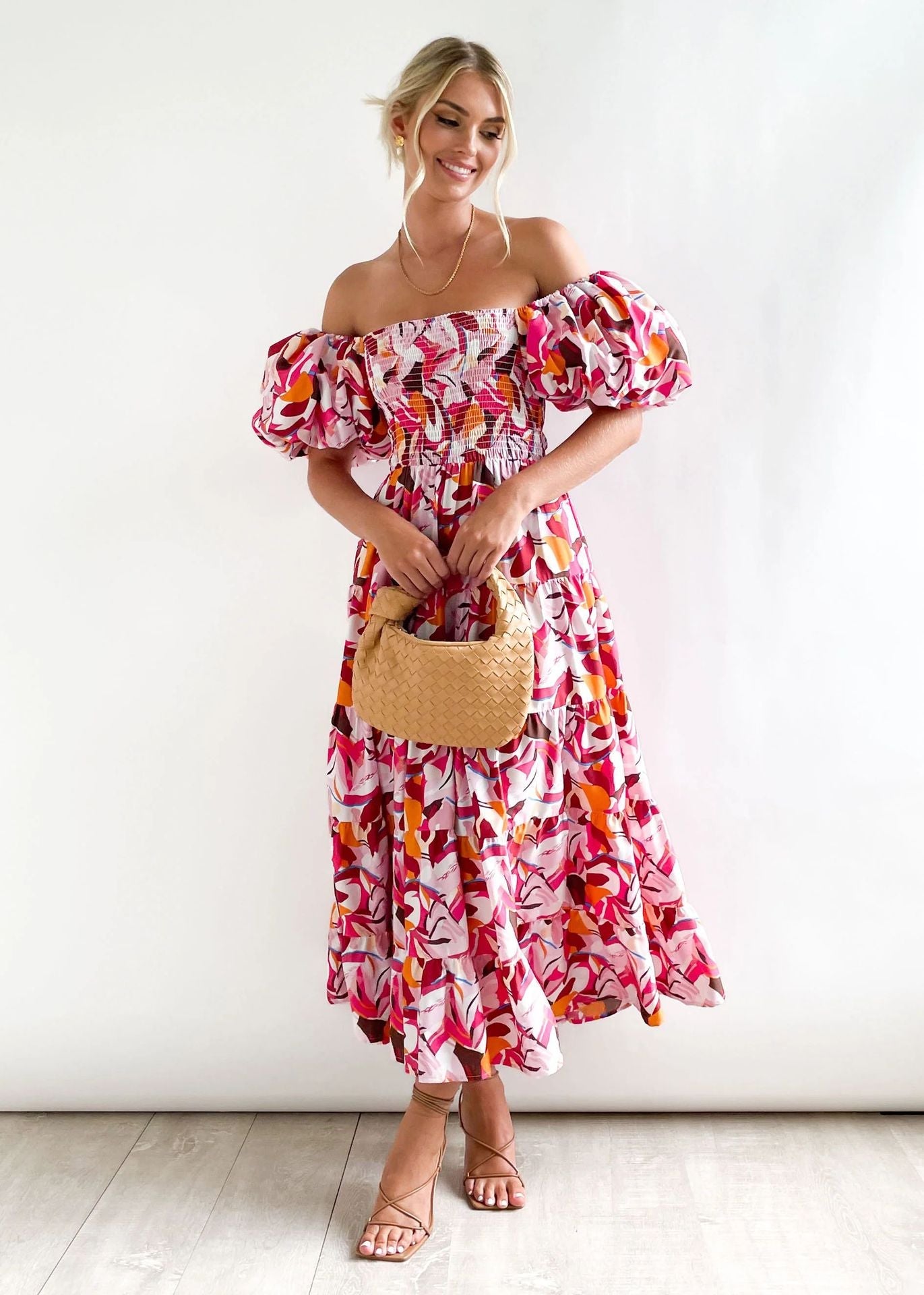 Off-Shoulder Midikleid mit rosa Druck