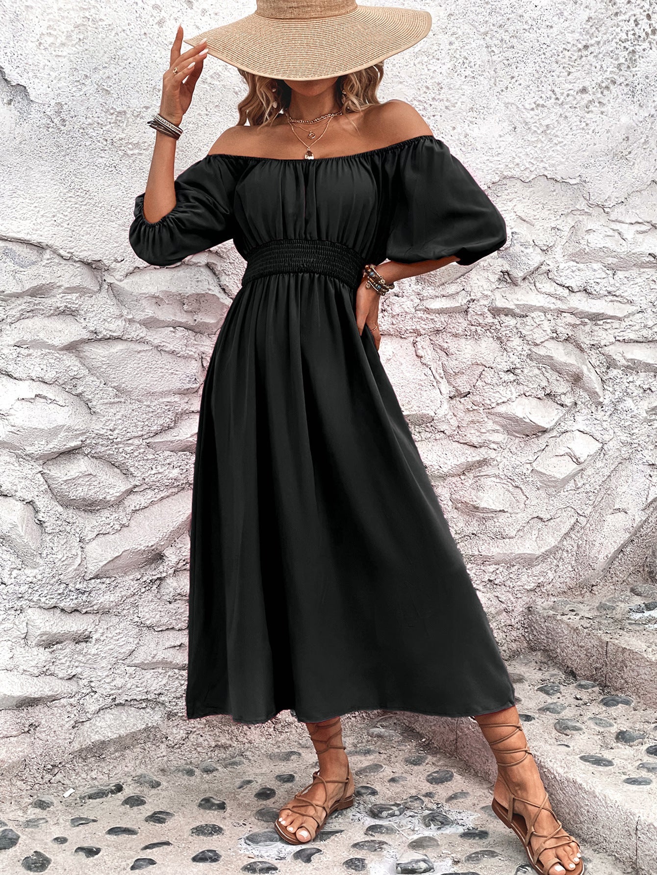 Schwarzes Off-Shoulder Midikleid