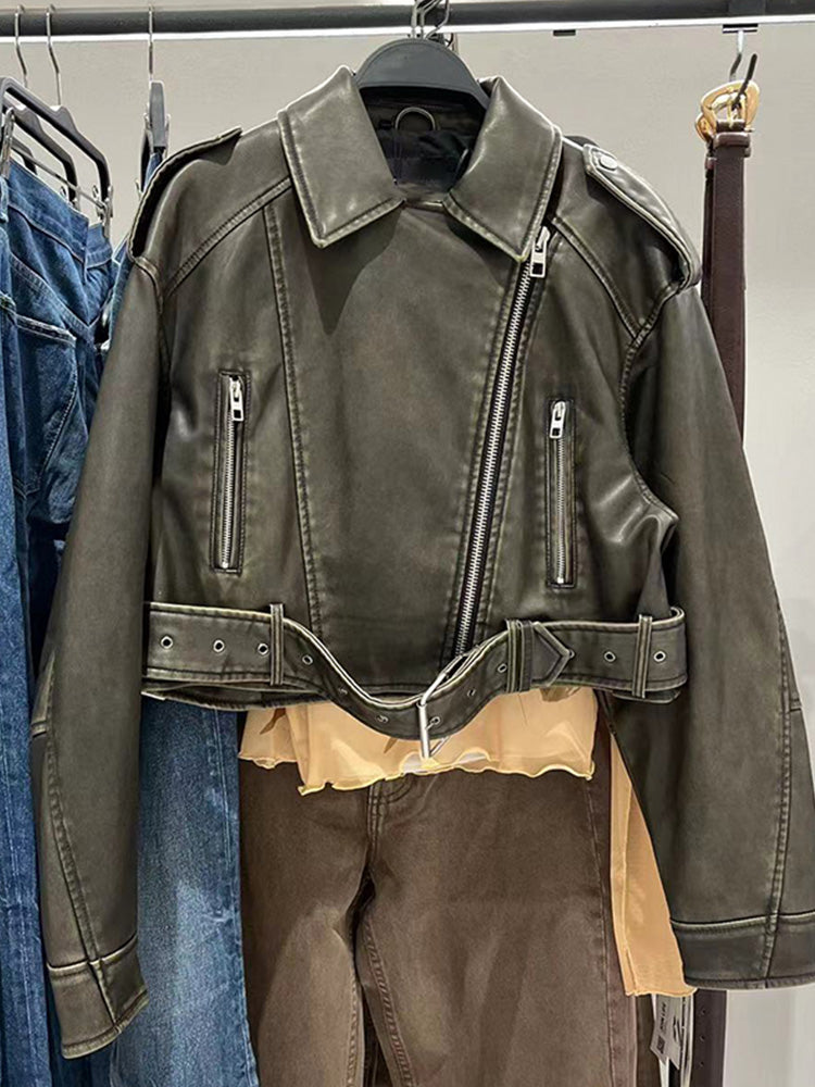 Vintage kurze Lederjacke mit Revers für Frauen