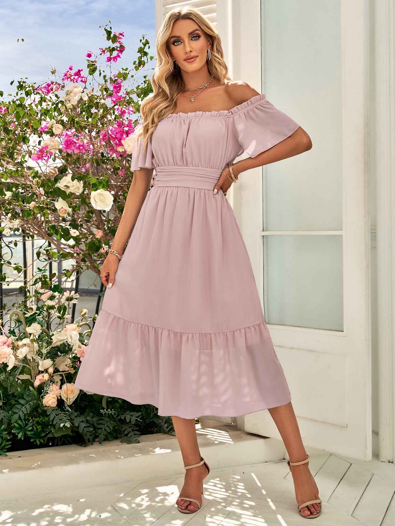 Rosa Off-Shoulder Midikleid