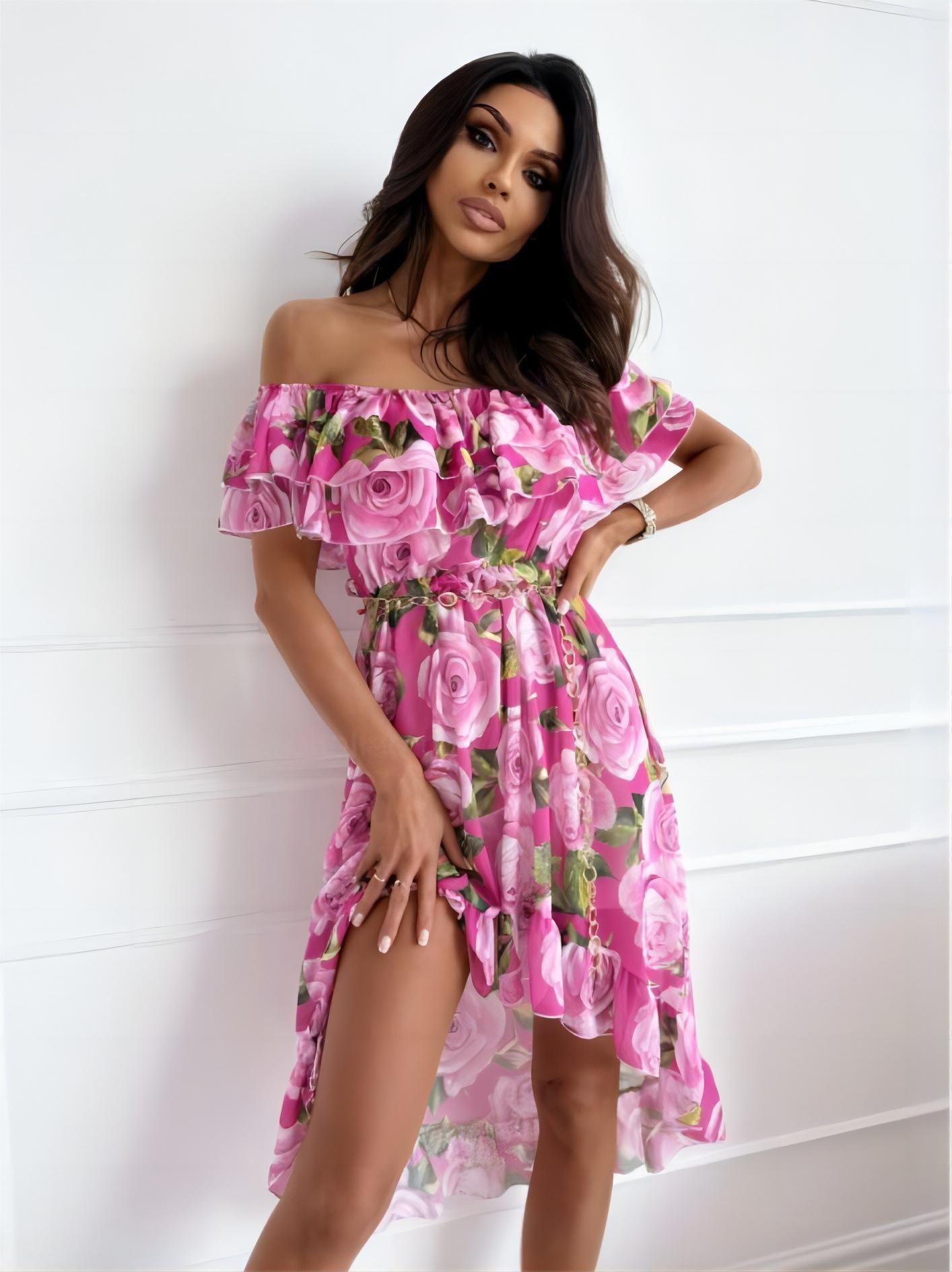 Rosa Off-Shoulder Kleid mit Rosen